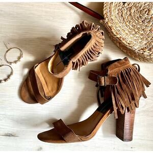 Dolce Vita Nancy Suede Fringe Block Heel Sandals Brown Boho Western Size 8